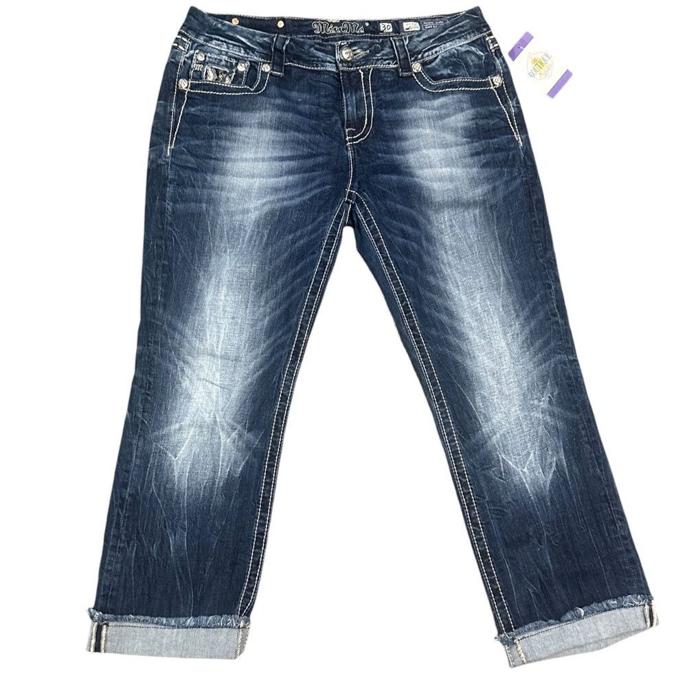 Miss Me Womens 30 Mid-Rise Easy Cropped Jeans Cuffed Embellished JE8085EC